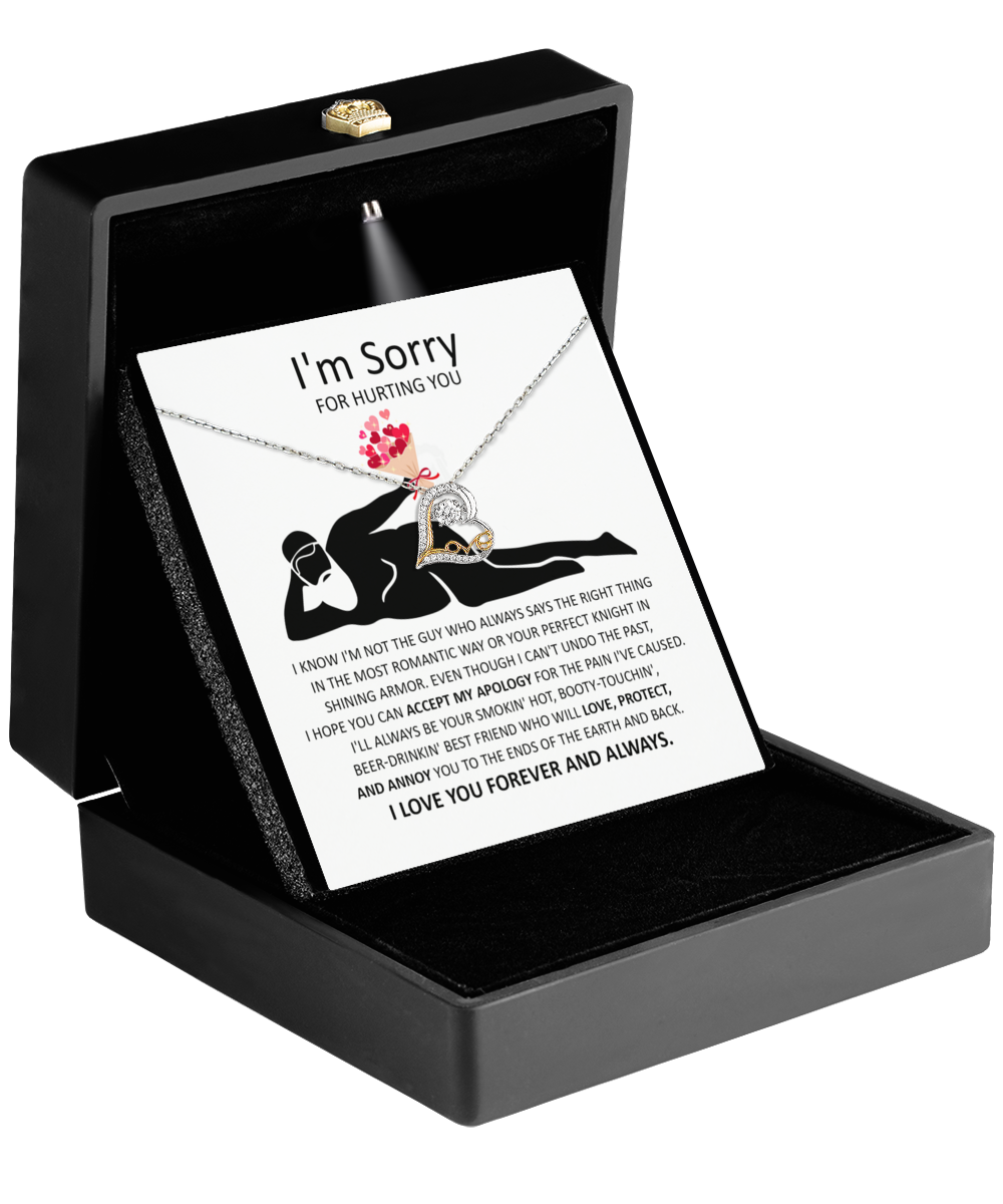 The Sorry-The Most Romantic - Love Dancing Necklace, featuring a heart-shaped pendant, is beautifully presented in a black box accompanied by a heartfelt card that apologizes for causing hurt while expressing love and commitment. Crafted from 14k gold, this token of affection softly promises brighter tomorrows.