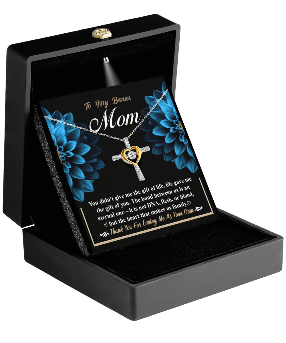A Gearbubble personalized pendant necklace with a heart and infinity symbol, presented in a gift box with a loving message for a stepmother.