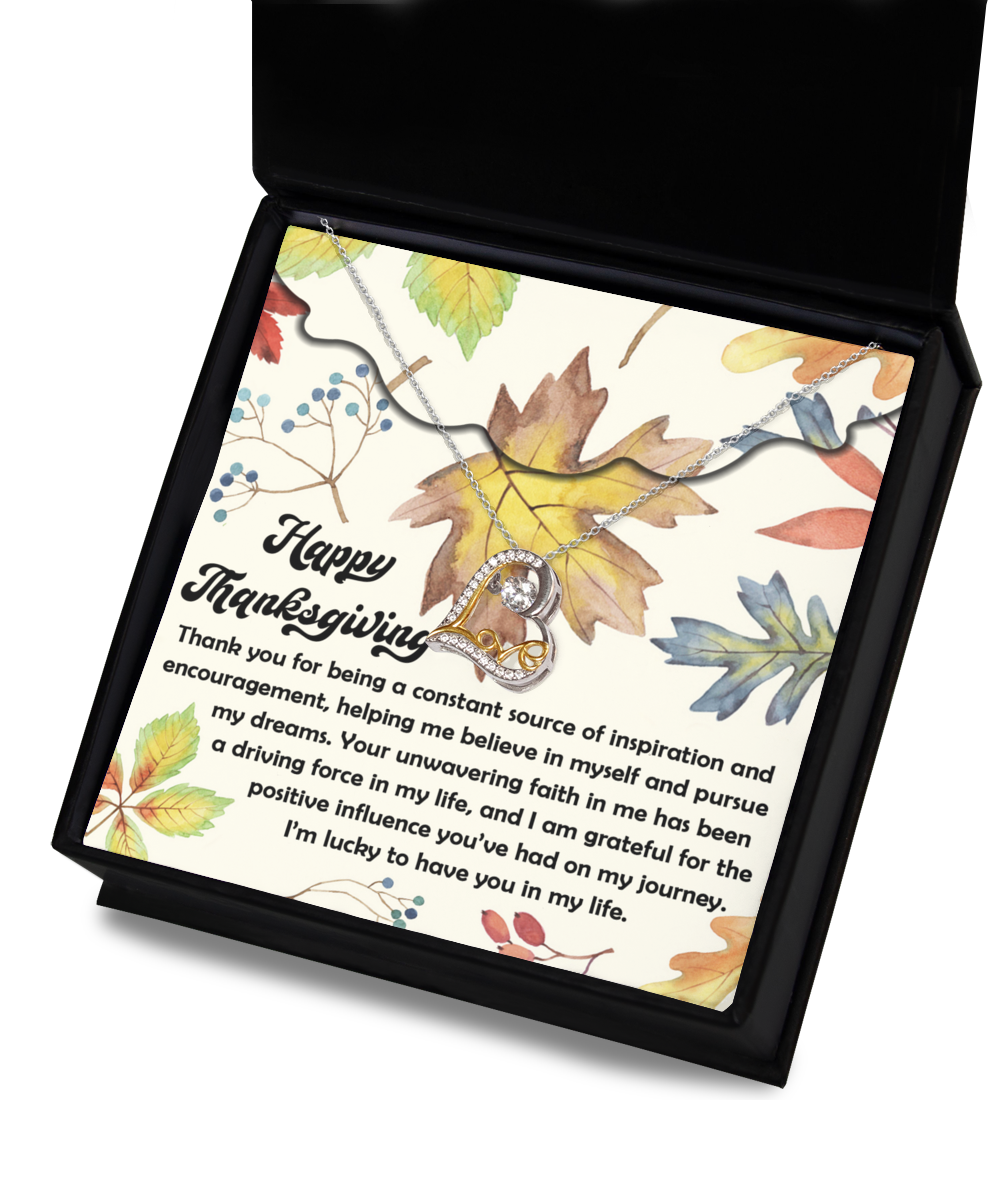 Thanksgiving-On My Journey - Love Dancing Necklace gift box with a heartfelt message on an autumn leaves backdrop, showcasing exquisite designs in 14k gold or sterling silver.