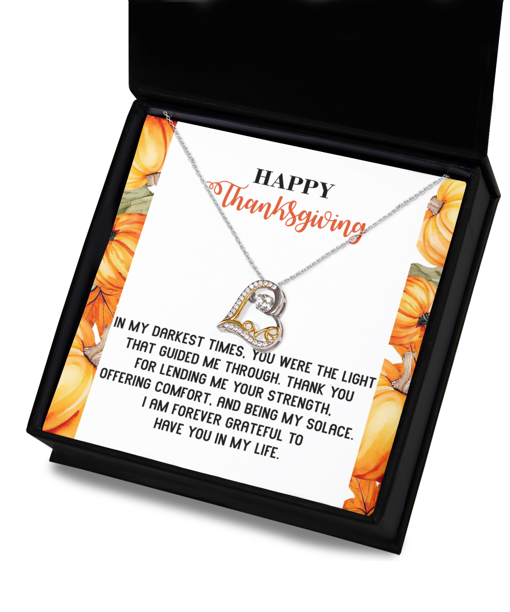 The Thanksgiving-Guided Me Through - Love Dancing Necklace features a heart-shaped pendant in a box, rhodium plated for lasting shine, and comes with a Thanksgiving-themed card expressing gratitude.