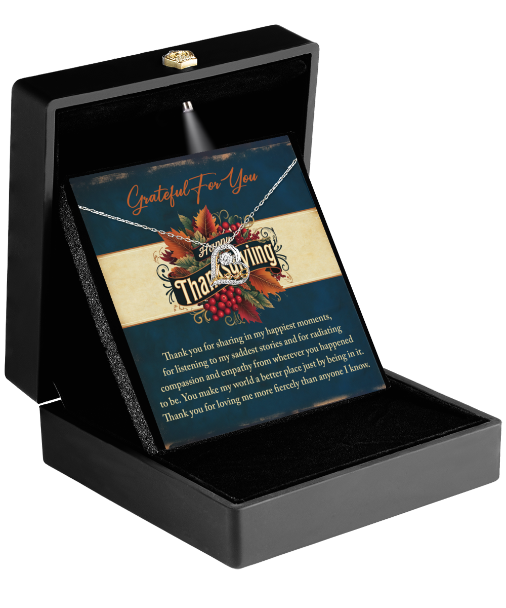 The Thanksgiving-Happiest Moments - Love Dancing Necklace is elegantly presented in a black box with a card that reads "Grateful for You. Happy Thanksgiving," and is beautifully crafted in 14k gold, accompanied by a heartfelt message of thanks.