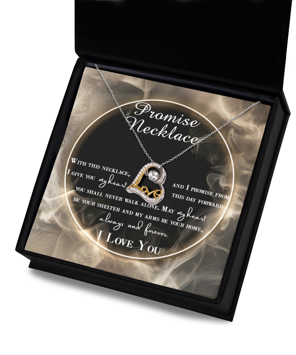 A To Wife, Promise Necklace - Love Dancing Necklace featuring a heart-shaped pendant with a diamond in the center is displayed inside a black box with a heartfelt promise message.