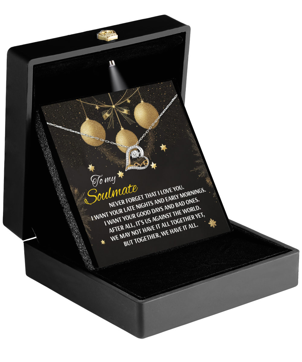 The open black jewelry box reveals a stunning Soulmate-Have It All- Love Dancing Necklace, accompanied by a heartfelt card for your soulmate.