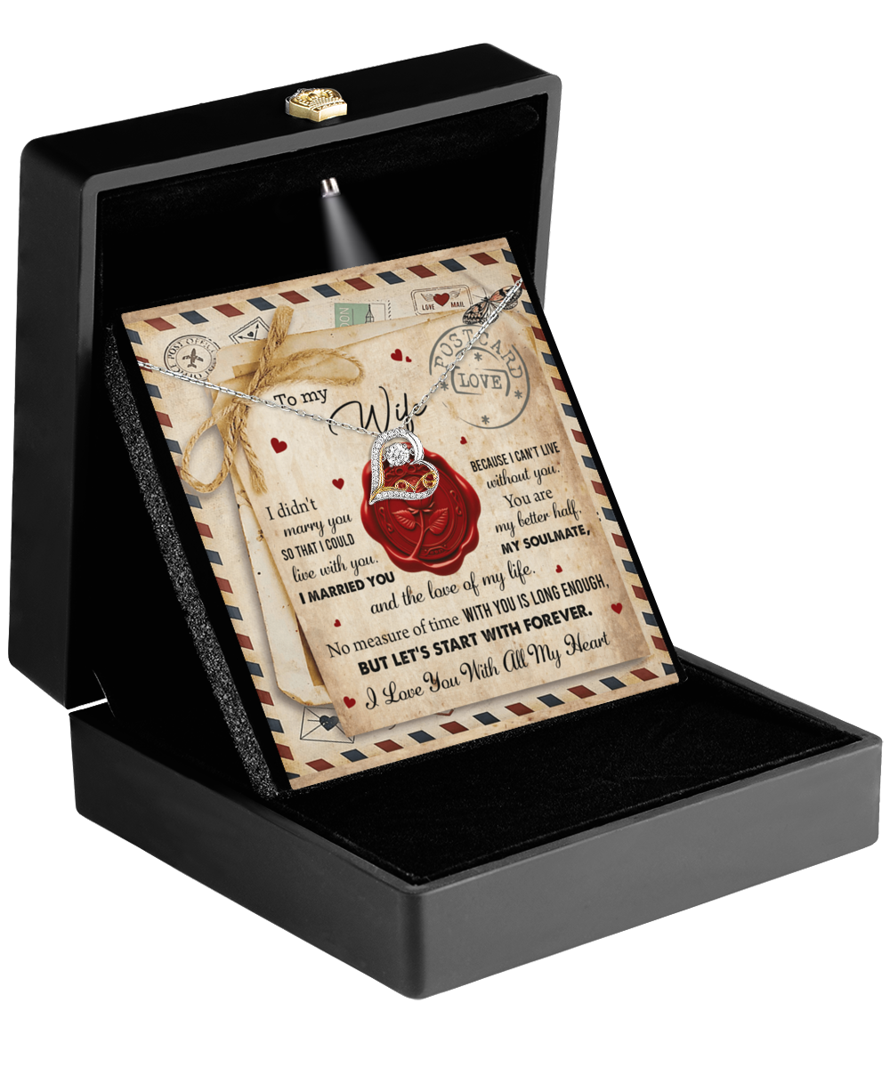 An open black jewelry box reveals a heart-shaped pendant card adorned with a rose design and romantic text. Consider the Wife-Marry You - Love Dancing Necklace in 14k gold to complement this exquisite setting, perfect for those special moments that speak of love.