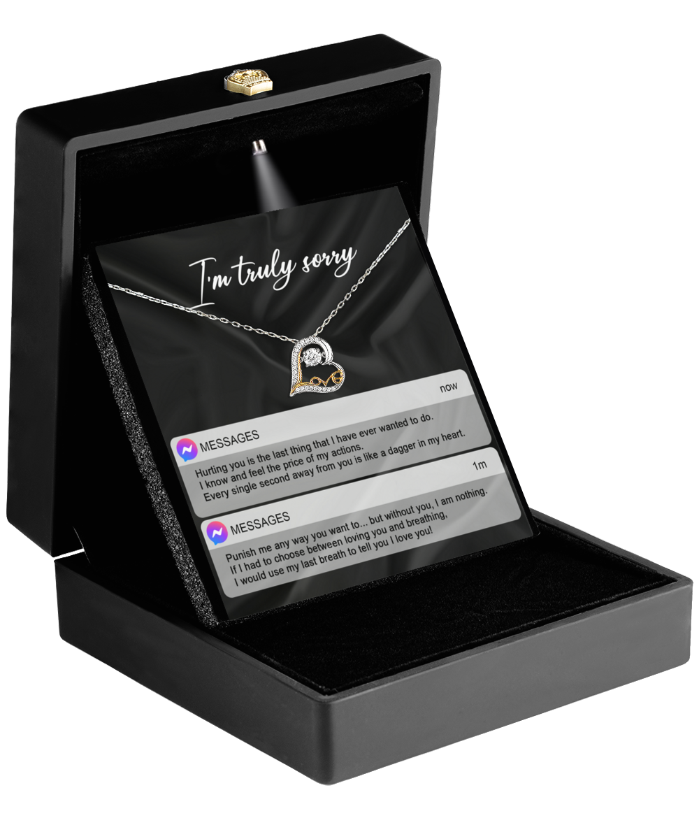 An open black jewelry box reveals the Sorry-Away From You - Love Dancing Necklace, a silver piece adorned with a heart-shaped pendant. In the background, text message screenshots capture an apology and a heartfelt declaration of love.