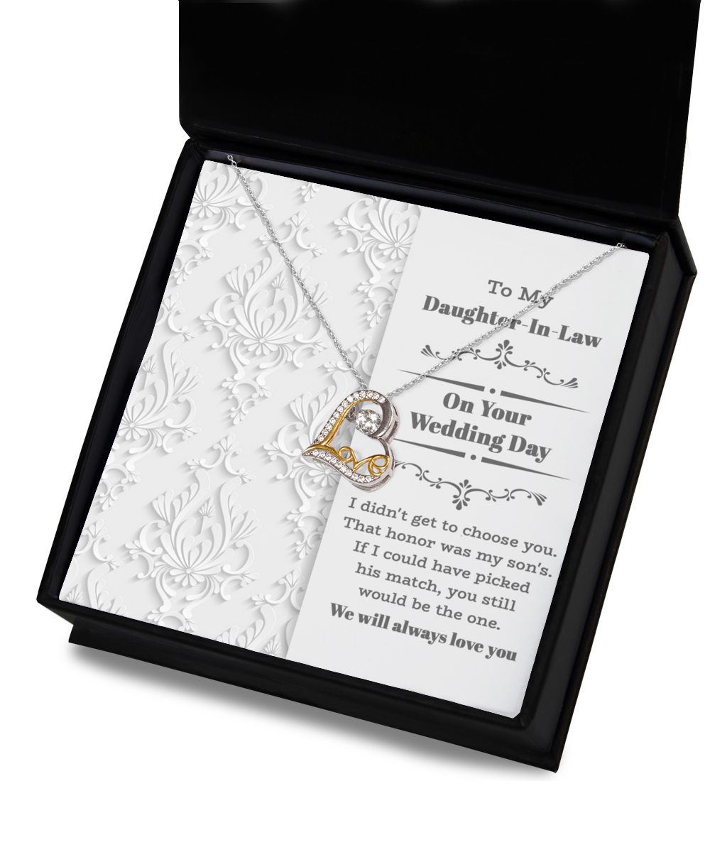 Daughter-In-Law Wedding-Be The One - Love Dancing Necklace with interlocking heart pendants in a gift box, crafted in sterling silver and accompanied by a heartfelt message to a daughter-in-law on her wedding day.