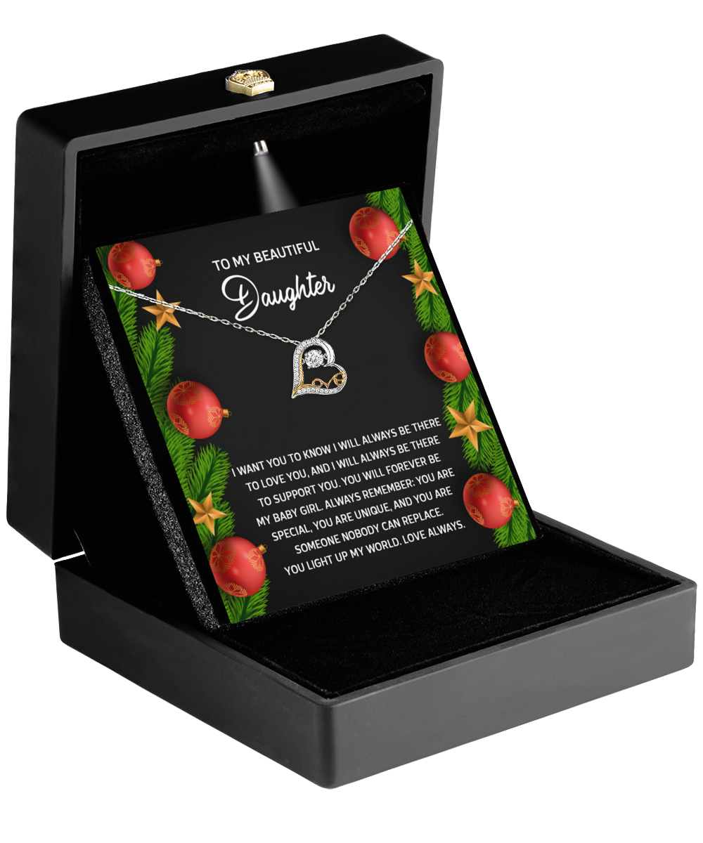 The Daughter-Nobody Can Replace - Love Dancing Necklace arrives in a black box with a floral card stating: "To My Beautiful Daughter" and includes a heartfelt message, symbolizing the depth of maternal love—an ideal gift for your daughter.