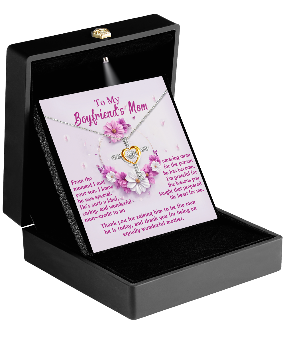 A Gearbubble To Boyfriend's Mom, Wonderful Mother - Cross Dancing Necklace gift set with a heartfelt message card, presented in a black box.