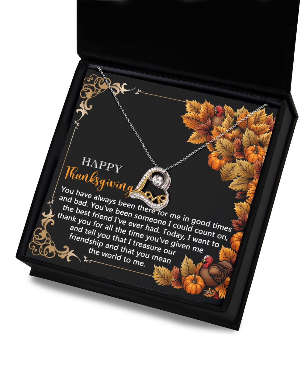 The Thanksgiving-Count On - Love Dancing Necklace features a heart-shaped pendant crafted from sterling silver and is presented in an elegant box. It includes a Thanksgiving-themed card decorated with leaves and pumpkins.