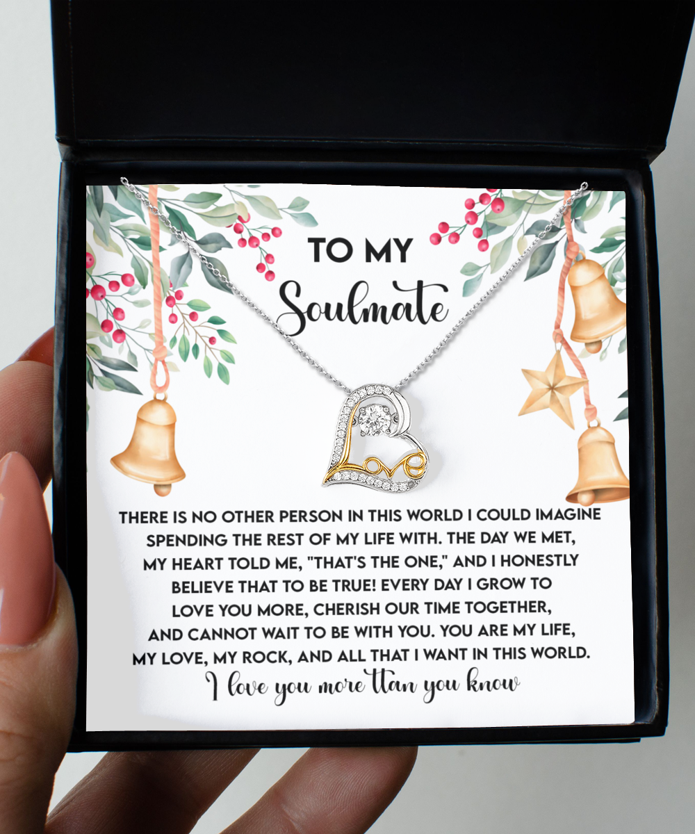 Open the jewelry box to reveal a Soulmate-Be With You - Love Dancing Necklace crafted in sterling silver. Inside, a heartfelt message about love and devotion to a soulmate is surrounded by a decorative floral and bell motif.