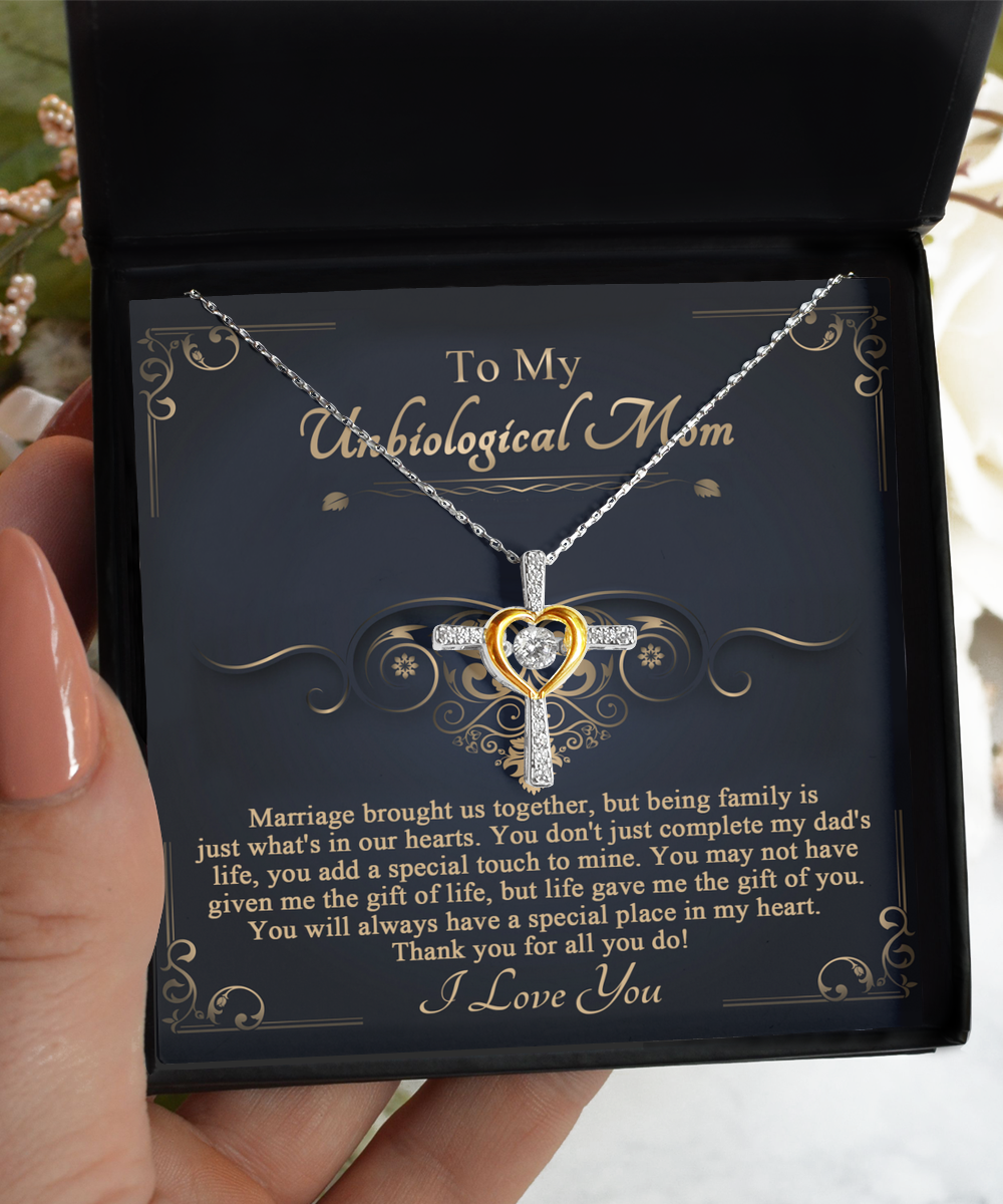 To Unbiological Mom, In Our Hearts - Cross Dancing Necklace