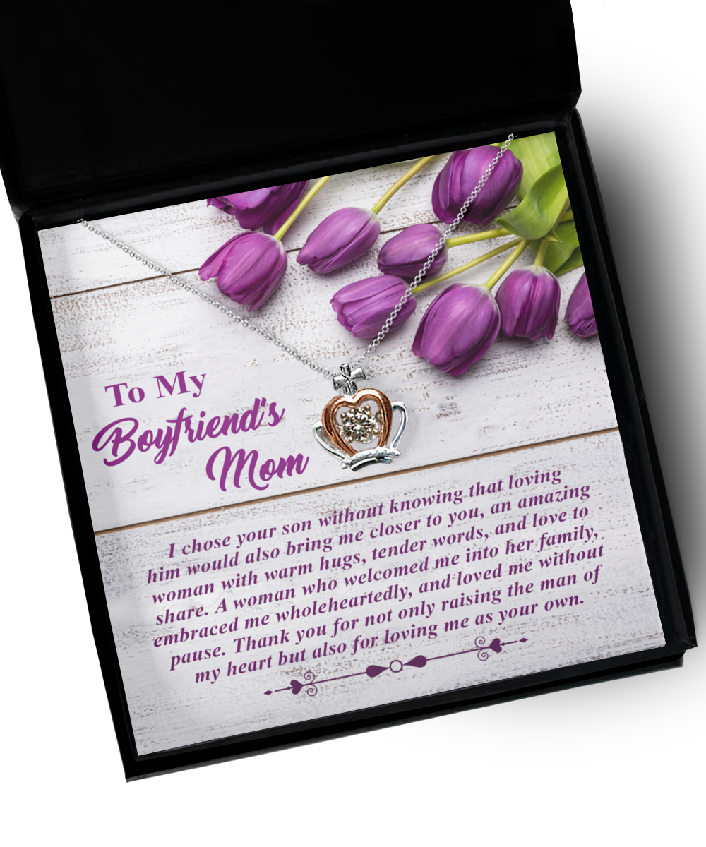 A To Boyfriend's Mom, As Your Own - Crown Pendant Necklace inside a box with a heartfelt note, serving as a personalized gift for Mom from her son's girlfriend, made by Gearbubble.