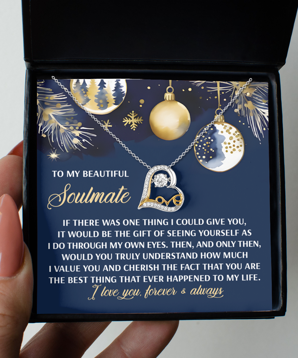 A Soulmate-One Thing - Love Dancing Necklace comes in a box with a heartfelt message about love and appreciation for a soulmate, elegantly decorated with festive adornments, and crafted from sterling silver.