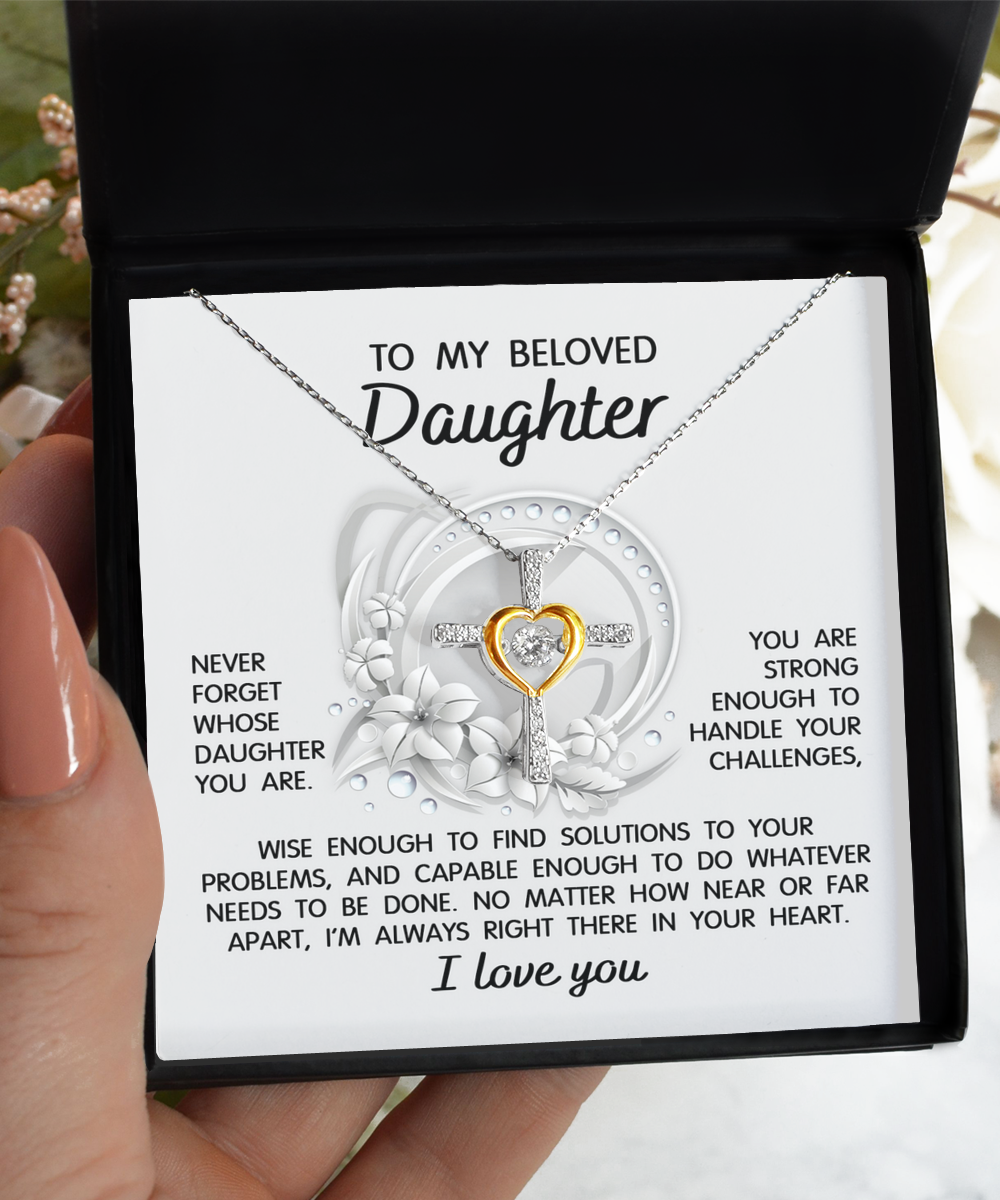 Open jewelry box displaying the "To Daughter-Always Right There - Cross Dancing Necklace" with a heart and key pendant in .925 Sterling Silver. The card inside reads motivational words to a daughter, mentioning strength, love, and support.