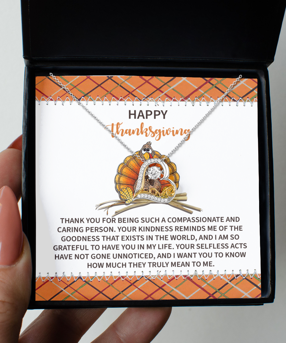 The Thanksgiving-In My Life - Love Dancing Necklace is a Sterling Silver piece that comes in a box, accompanied by a card with a Thanksgiving message expressing gratitude for kindness and selflessness.