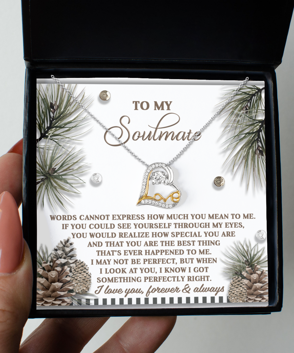 The Soulmate-Perfectly Right - Love Dancing Necklace, featuring a beautifully crafted infinity symbol and heart pendant in sterling silver, is elegantly presented in a gift box with a heartfelt message about love and appreciation.