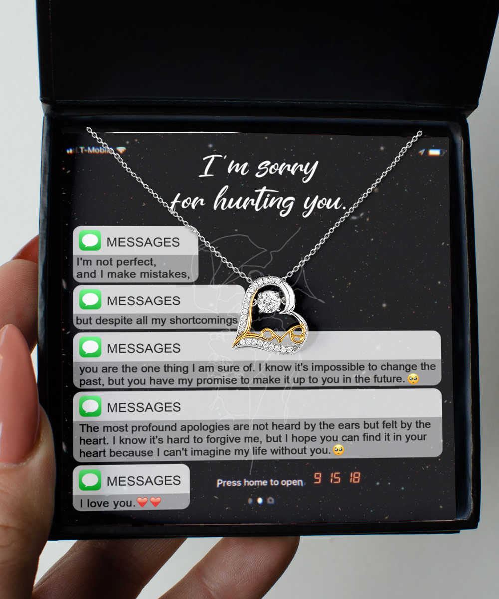 A stunning "Sorry-Life Without You - Love Dancing Necklace" is placed in a box with messages displayed in the background, together conveying an apology and expressions of love.