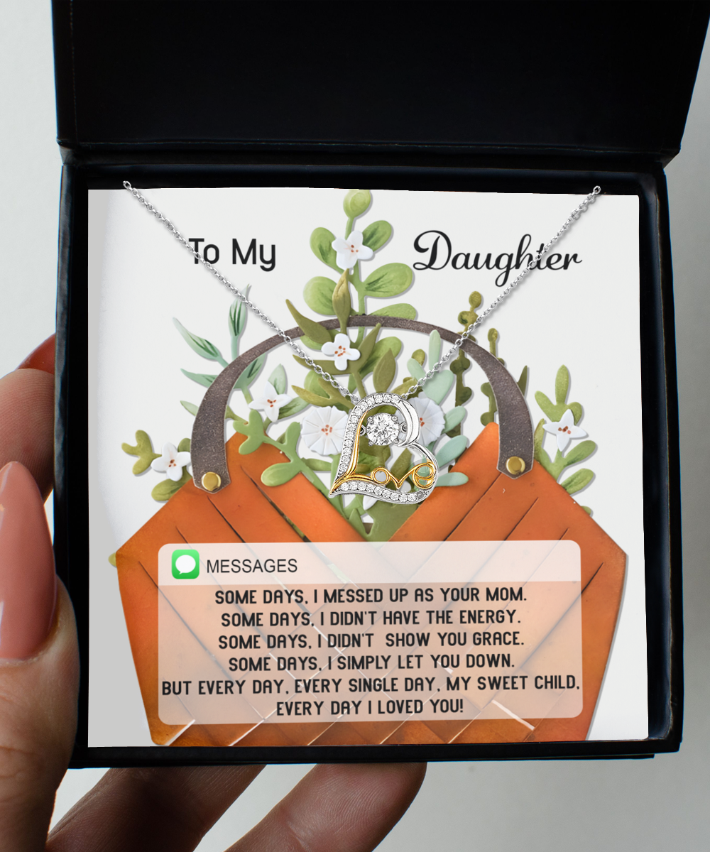 In a box, the Daughter-Show You Grace - Love Dancing Necklace is revealed, featuring a Sterling Silver design with a heart and infinity symbol. Set against an illustrated plant background, a heartfelt message overlays it, expressing love and regret from a parent to their daughter.