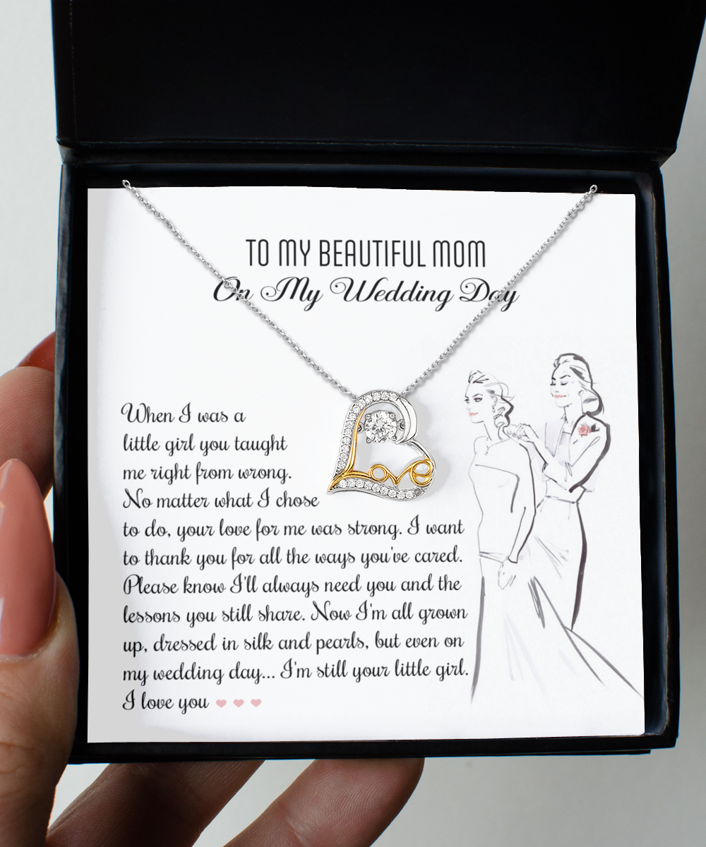 A jewelry box with a heart-shaped 14k gold triple-plated pendant necklace *Mom Wedding-My Wedding Day - Love Dancing Necklace* and a note titled "To My Beautiful Mom On My Wedding Day," expressing gratitude and love.