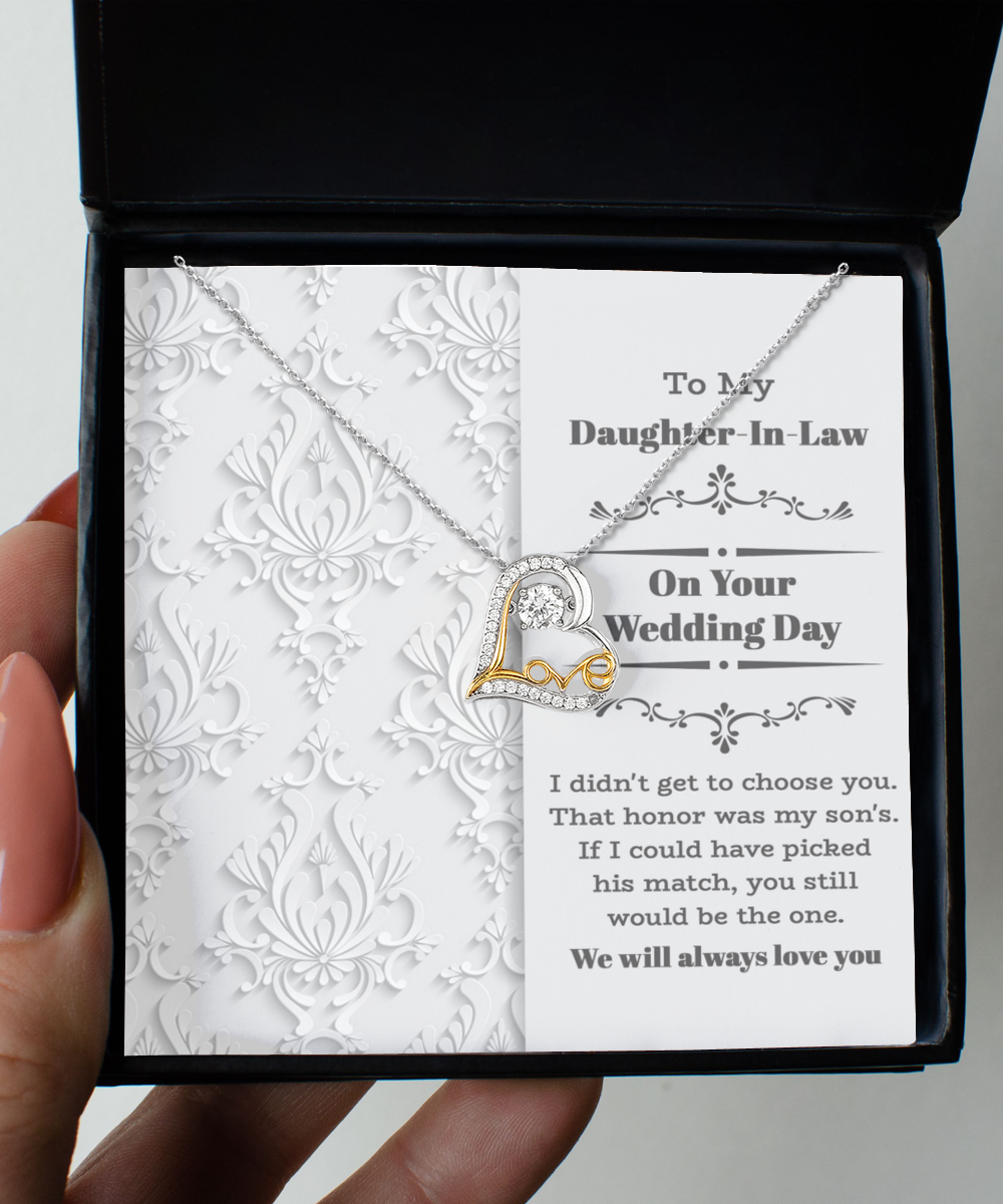 Daughter-In-Law Wedding-Be The One - Love Dancing Necklace with interlocking heart pendants in a gift box, crafted in sterling silver and accompanied by a heartfelt message to a daughter-in-law on her wedding day.