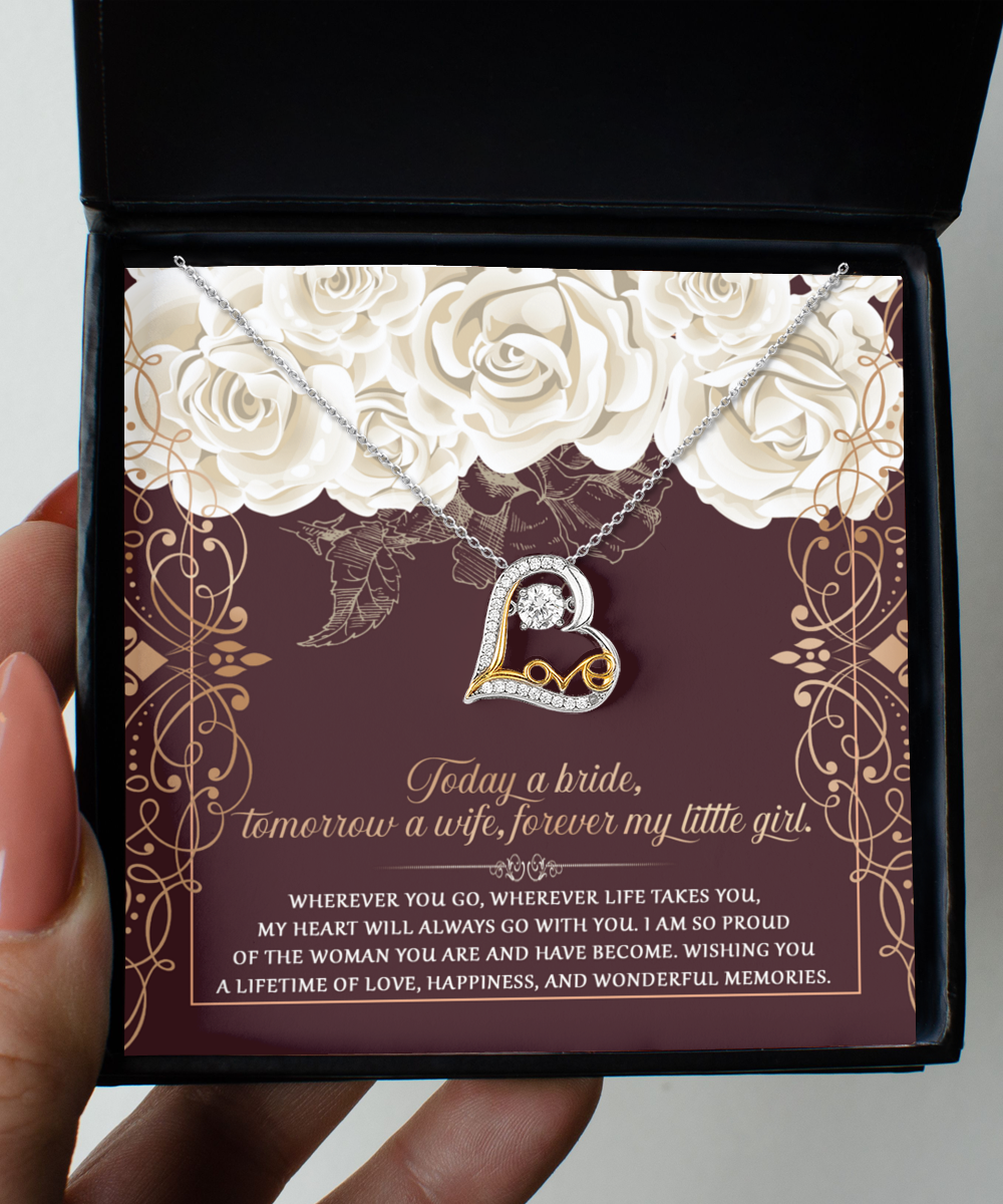 A "To Daughter Wedding-Wonderful Memories - Love Dancing Necklace" with a heart-shaped cubic zirconia pendant is displayed in an open box, accompanied by a card with a floral border and a heartfelt message for the bride.