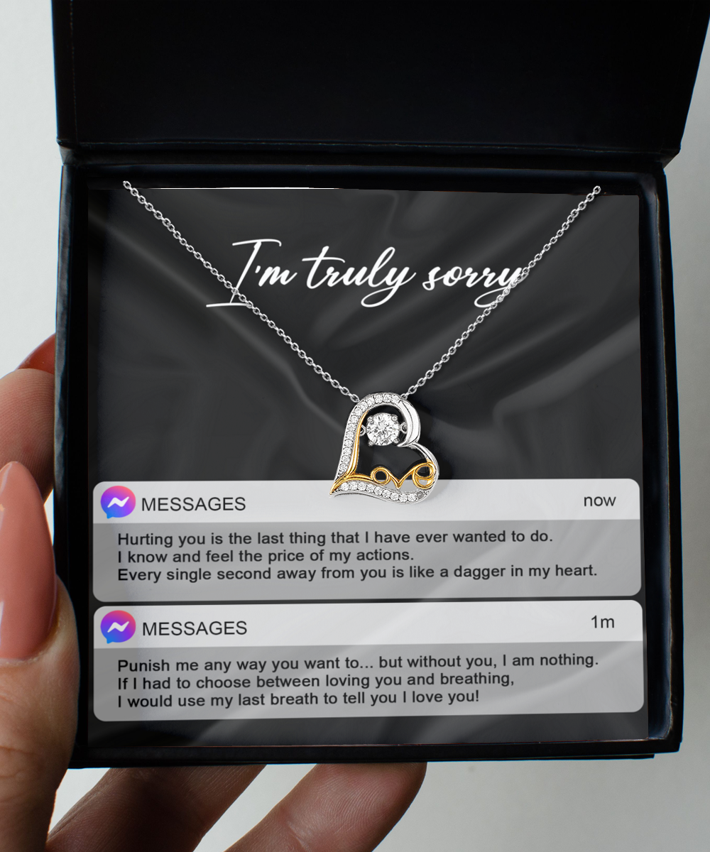 The Sorry-Away From You - Love Dancing Necklace, a 14k gold piece featuring a heart pendant, comes elegantly packaged in a box and includes an apology message along with a touching passage about regret and love.