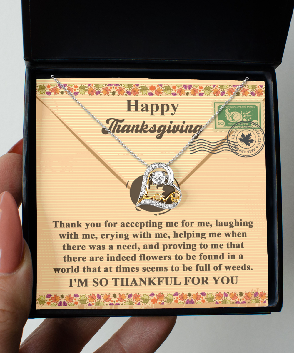 The Thanksgiving-Proving To Me - Love Dancing Necklace, presented in a gift box with a Thanksgiving message of gratitude, is elegantly crafted in sparkling Sterling Silver and heart-shaped.