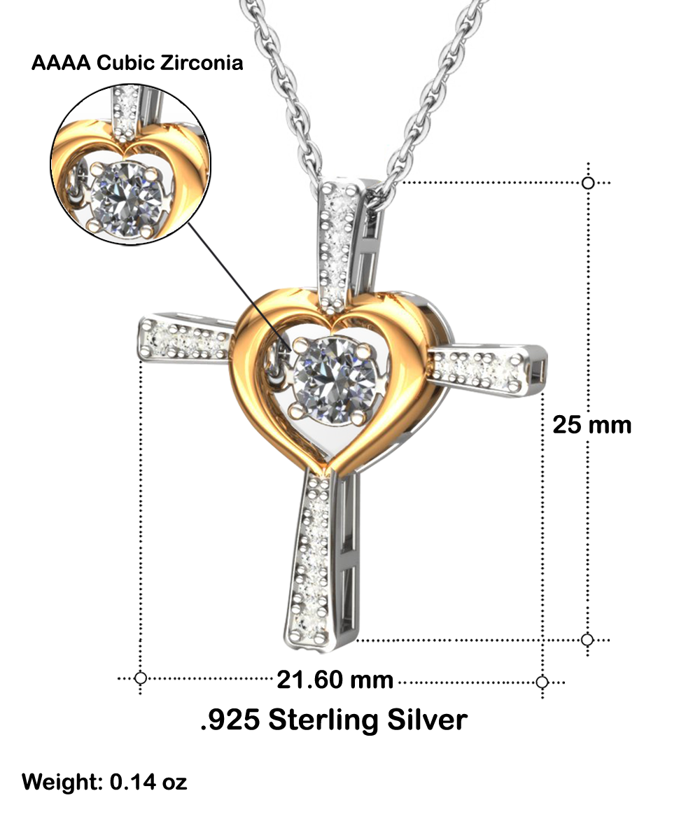Silver and gold-toned To Boyfriend's Mom, Safe With Me - Cross Dancing Necklace with cubic zirconia detailing on a chain, dimensions and materials labeled.