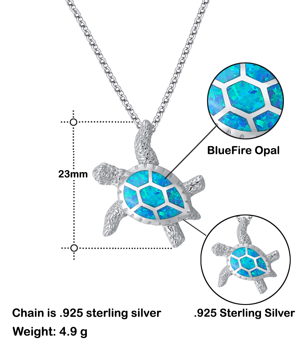 Gearbubble's Sterling silver Opal Turtle Necklace with bluefire opal inlay symbolizing love, complete with chain dimensions is perfect as a bonus mom gift.