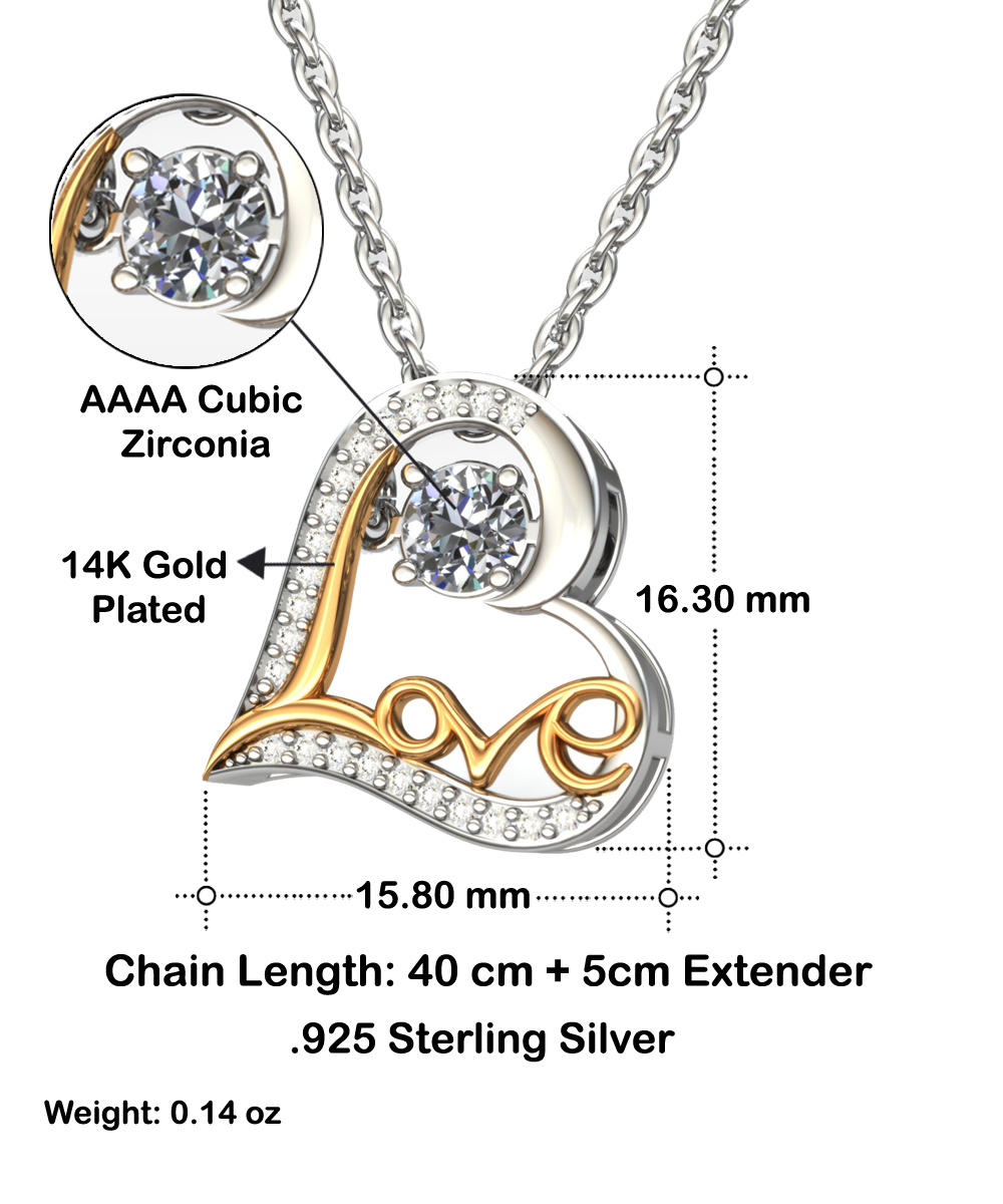 This detailed diagram showcases the Sorry-Change The Past 2 - Love Dancing Necklace, featuring a heart-shaped pendant adorned with AAAA cubic zirconia. The piece is crafted with 14K gold plating and .925 sterling silver, with dimensions and weight clearly indicated for your convenience.