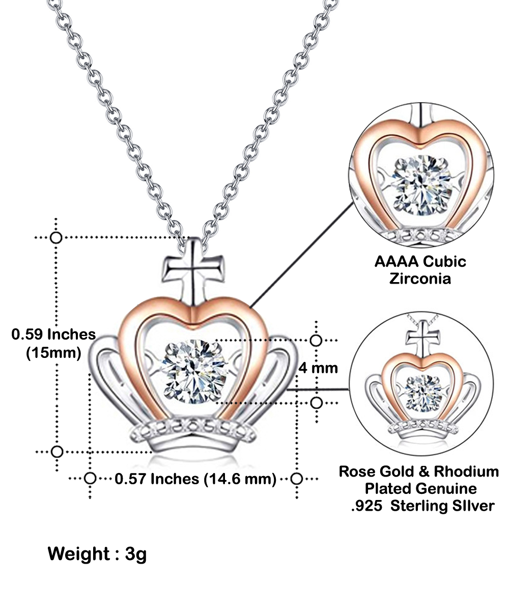 Annotated image of a To Boyfriend's Mom, As Your Own - Crown Pendant Necklace with cubic zirconia detailing and dimensions, made from rose gold-plated sterling silver, perfect as a personalized jewelry gift for Mom by Gearbubble.