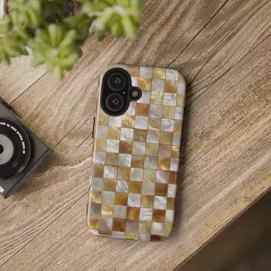 Gold Mosaic Luxury Phone Case for iPhone 17, Samsung S26 & Pixel 9, Iridescent Pearl Tile Design, Aesthetic Glamorous Gift, Elegant Cover