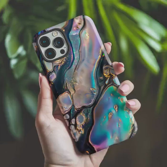 Abalone Phone Case for iPhone, Samsung & Pixel, Cosmic Abstract Gold Glitter Design, Shimmering Blue Purple Art Cover