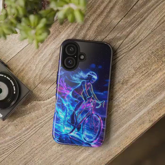 Woman Cyclist Phone Case for iPhone 17 Samsung S26 & Pixel 9 Glowing Neon Art Phone Cover Female Cyclist Triathlete Gift for Bicycle Lover