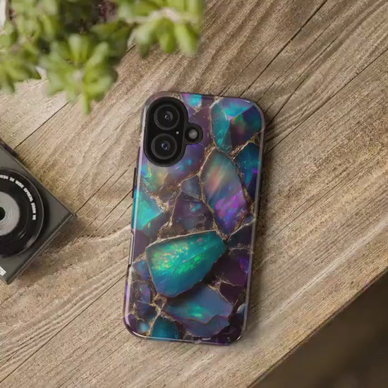 Iridescent Opal Phone Case for iPhone Samsung Pixel | Gold Mosaic Gemstone Design
