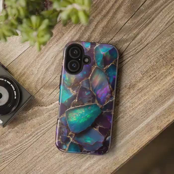 Iridescent Opal Phone Case for iPhone Samsung Pixel | Gold Mosaic Gemstone Design