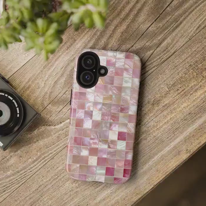 Mother of Pearl Pink Mosaic Phone Case for iPhone, Samsung & Pixel, Pastel Shimmer, Aesthetic Design