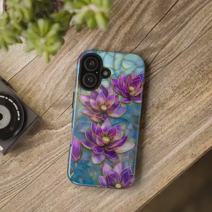 Purple Lotus Phone Case for iPhone 17, Samsung S26 & Pixel 9 Series, Stained Glass Floral Cover, Boho Aesthetic Floral Art Phone Gift