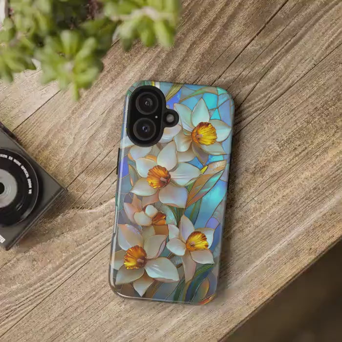 Stained Glass Daffodil Phone Case for iPhone, Samsung & Pixel, March Birth Flower Floral Art Cover, Aesthetic Nature Gift