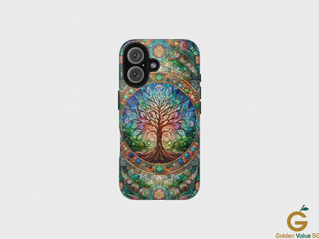 Celtic Tree of Life Aesthetic Phone Case, Stained Glass Design, Cover For iPhone 16 15 14 13 Pro Samsung Galaxy Pixel Tree-of-Life Bday Gift