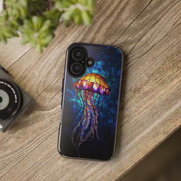 Stained Glass Jellyfish Phone Case iPhone 17 Samsung S26 & Pixel 9 Glowing Ocean Marine Life Cover Bioluminescent Mosaic Art Aesthetic Case
