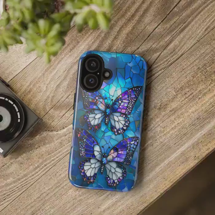 Stained Glass Butterfly Phone Case for iPhone, Samsung & Pixel, Vibrant Blue Purple Monarch Art