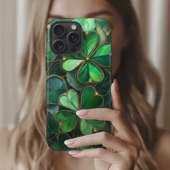 Shamrock Phone Case for iPhone 17 Series Samsung & Pixel St Patricks Day Gift Faux Stained Glass Lucky Phone Case 4 Leave Clover Phone Cover