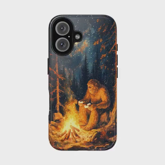 Bigfoot Phone Case for iPhone, Samsung & Pixel, Roasting Marshmallows By The Campfire, Cozy Cryptid Art Gift For Sasquatch Lovers