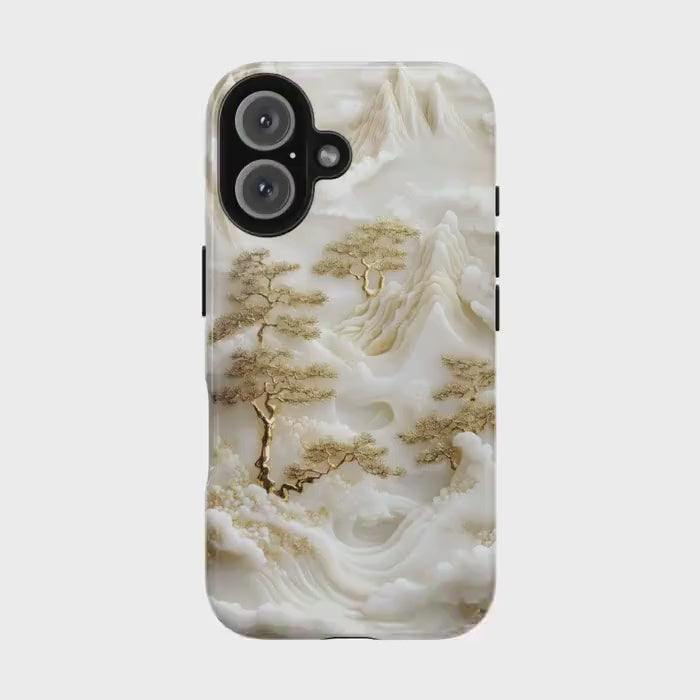 Unique White Jade Carving Phone Case, Chinese Art Landscape Golden Tree Cover, Iphone 16 15 14 13 Pro Max Plus, Galaxy Pixel, Birthday Gift