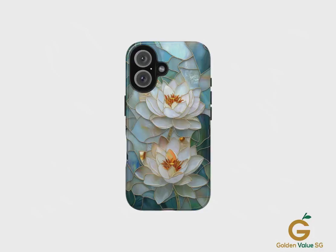 Stained Glass Lotus Phone Case for iPhone, Samsung & Pixel, White Water Lily Art, Floral Design, Nature Lover Gift, Elegant Bloom Cover