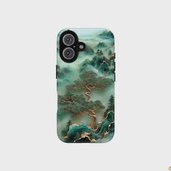 Unique Jade Carving Phone Case with Chinese Art Landscape Golden Tree Cover, Iphone 16 15 14 13 Pro Max Plus, Galaxy Pixel, Birthday Gift