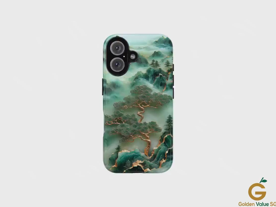 Unique Jade Carving Phone Case with Chinese Art Landscape Golden Tree Cover, Iphone 16 15 14 13 Pro Max Plus, Galaxy Pixel, Birthday Gift
