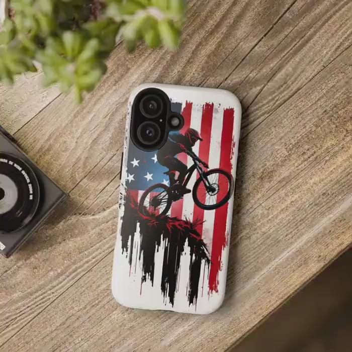 Mountain Biker Phone Case for iPhone, Samsung & Pixel, Patriotic MTB Cover, American Flag Bike Case, Dirt Bike Gift, Cycling Phone Case