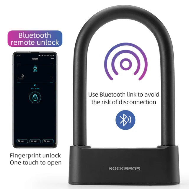 Image of a ROCKBROS Bicycle Lock Smart Fingerprint Bluetooth Lock Alloy Material USB Charging U-Shape Waterproof Durable Bike Accessories. The Smart Fingerprint Lock combines Bluetooth remote unlock and fingerprint unlock features, enhanced by a U-Shaped Double Lock Beam and risk of disconnection warning.